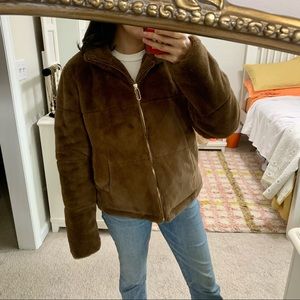 Zara Jacket Women’s L Faux Fur Coat Brown Gold Zip Collar Mink Soft Lined Fuzzy